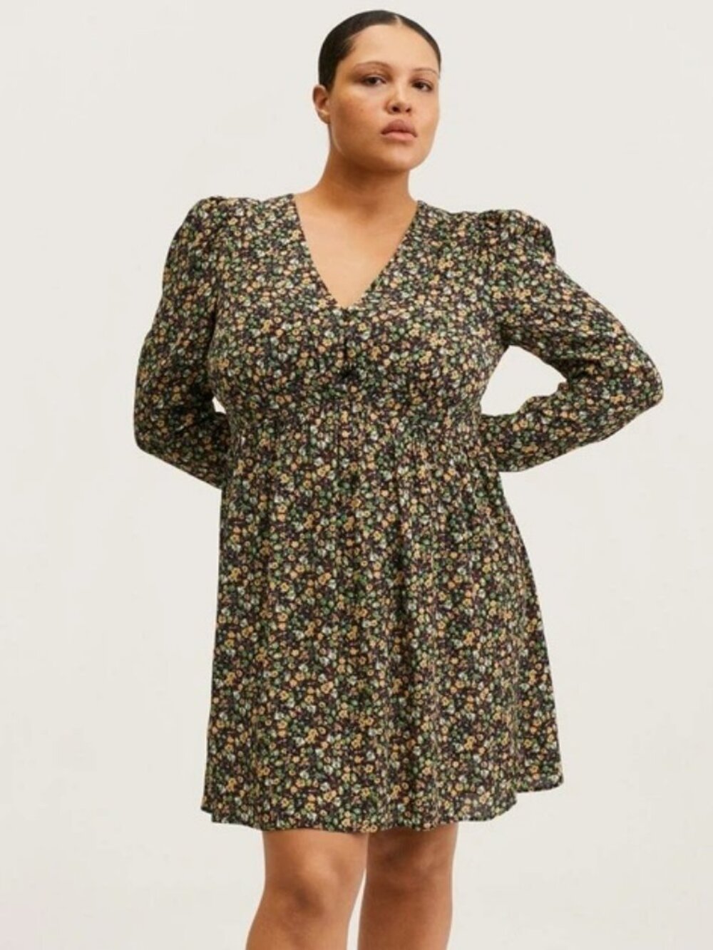 Mango Floral Dress Balloon Sleeve V-Neck Puffed Mini Short Black Multi Womens 8